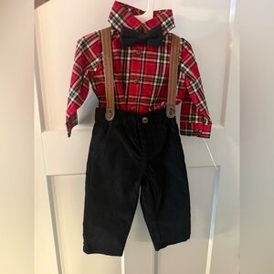 Carter's Red Plaid Shirt with Black Pants, Brown Suspenders & Black Bow Tie